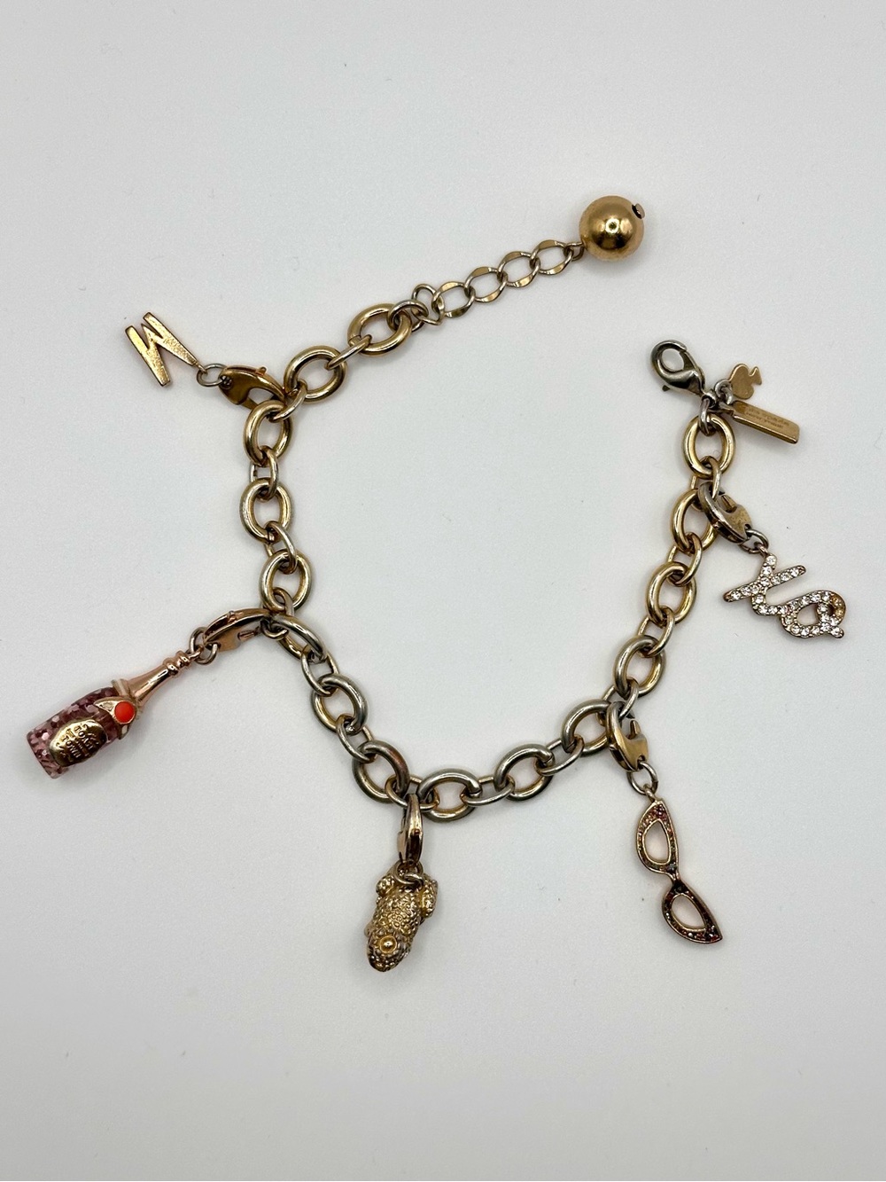 Kate Spade Charm Bracelet - Gold Tone XO Confetti Glasses Price Frog Champagne